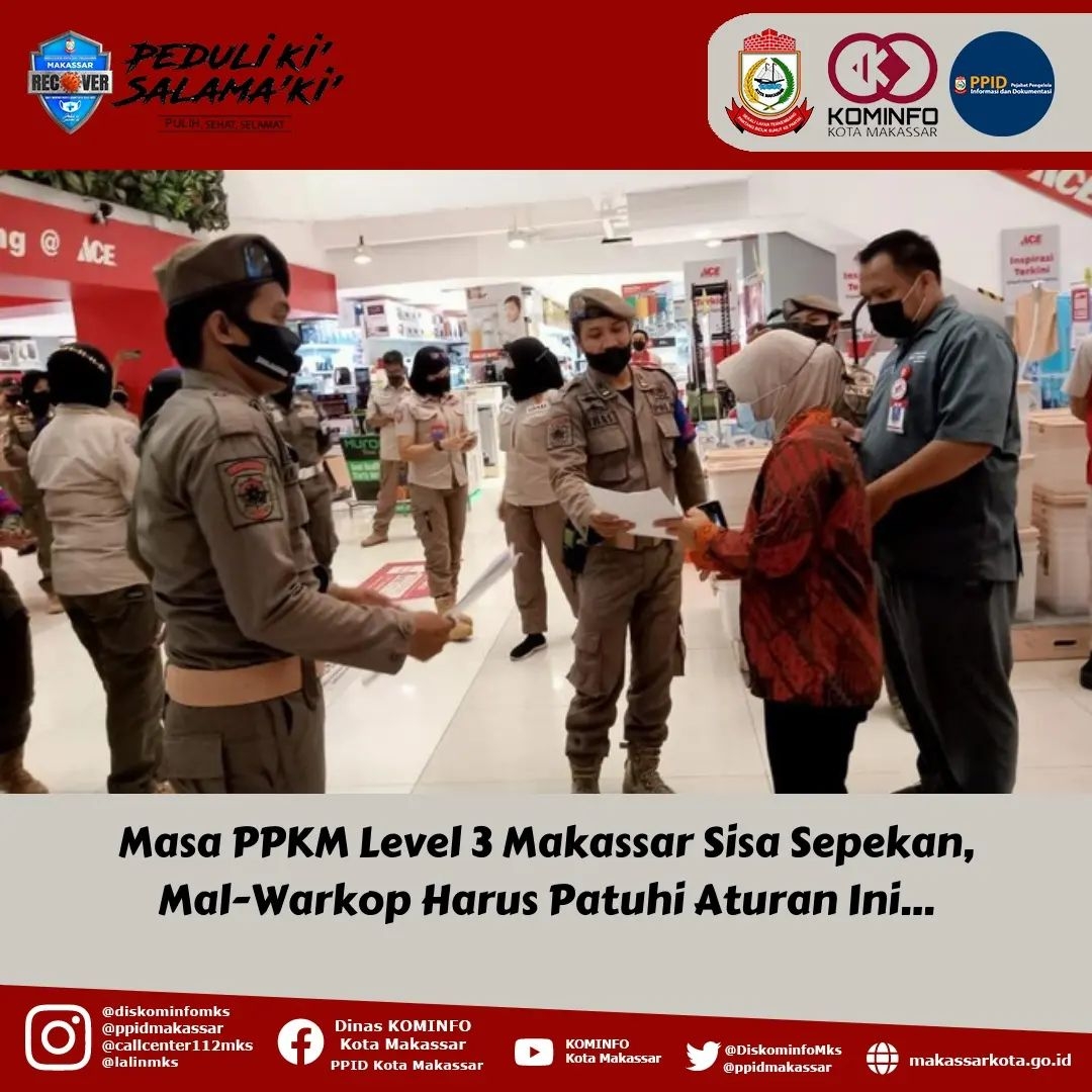 Masa PPKM Makassar Level 3 Sisa Sepekan, Mal-Warkop Harus Patuhi Aturan Ini