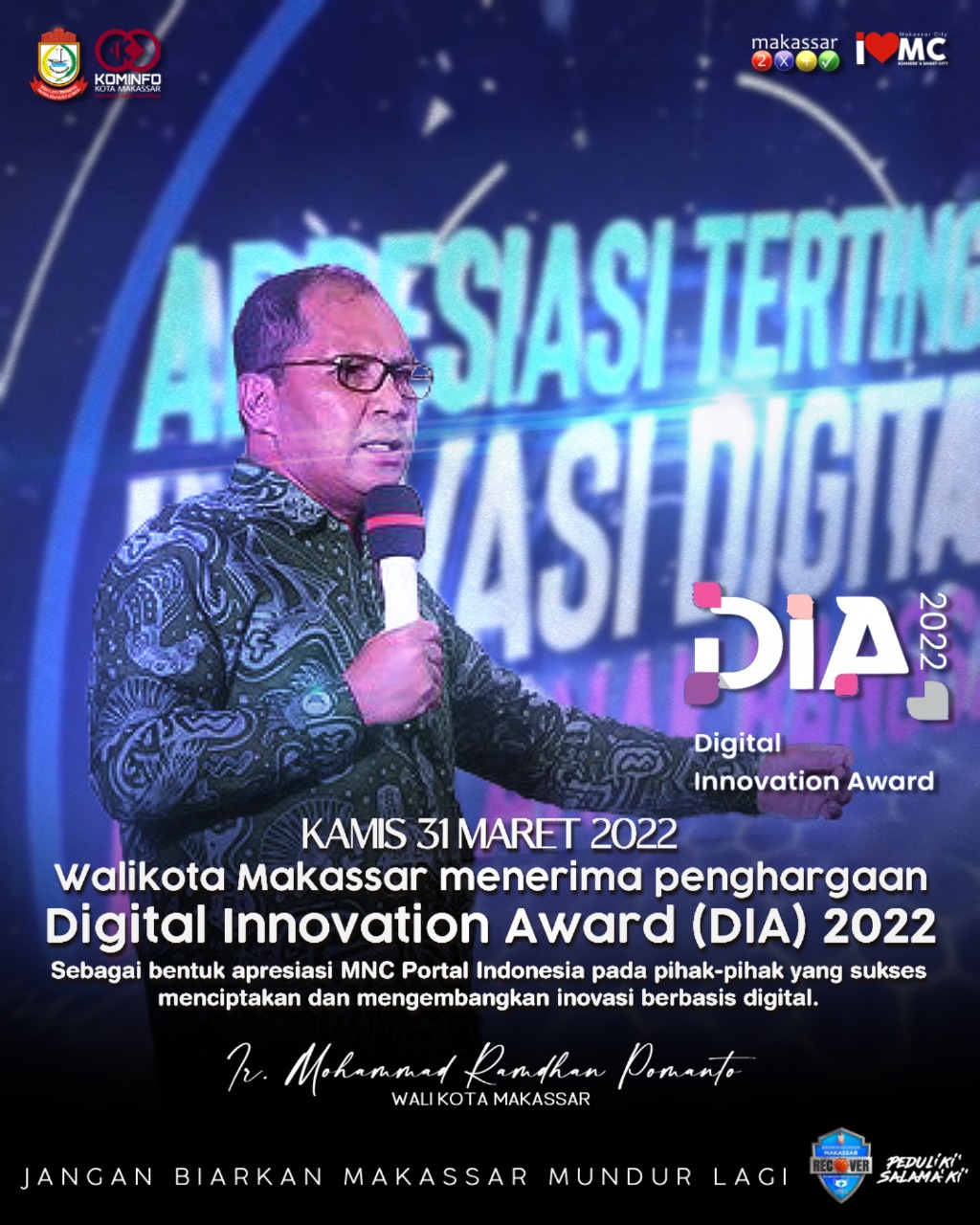 Wali Kota Danny Terima Digital Innovation Award 2022 Atas Inovasi Digitalisasi Bidang Layanan Publik