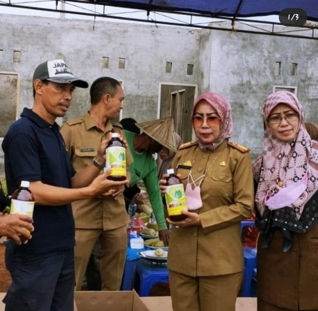 Kepala Dinas Perikanan dan Pertanian Kota Makassar Evy Aprialti, SE, MM didampingi Kabid Padi Palawija dan Hortikultura menyerahkan bantuan sarana pertanian berupa pupuk cair dan benih cabe di areal p