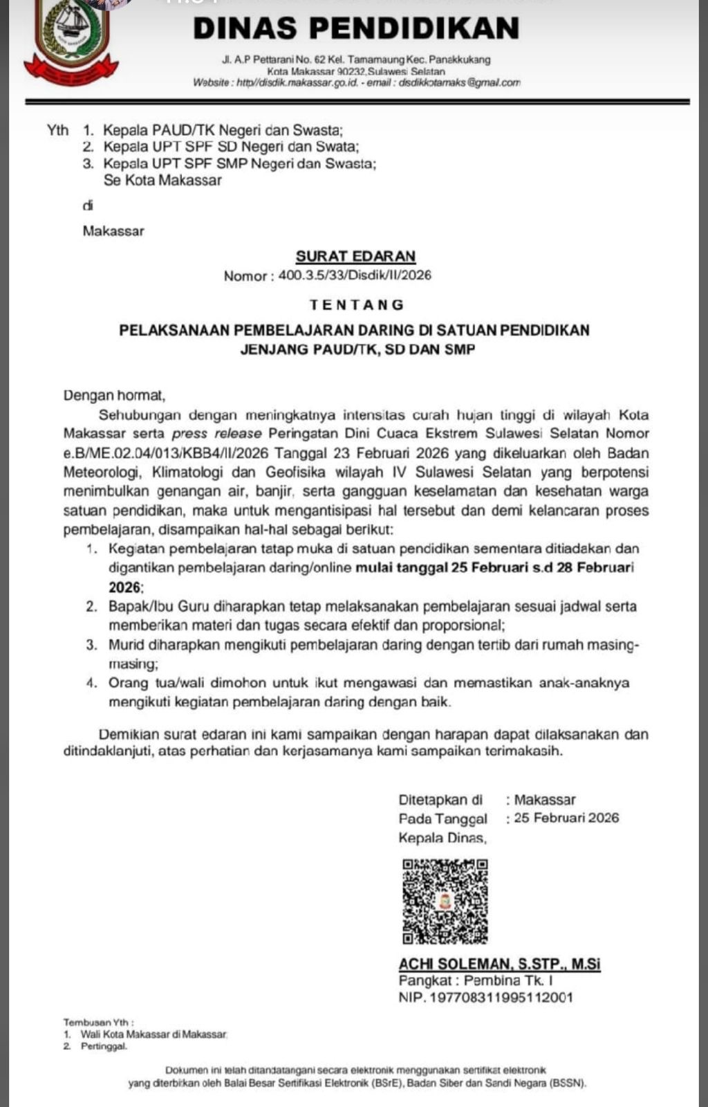 Antisipasi Cuaca Buruk, Disdik Makassar Keluarkan SE Belajar dari Rumah